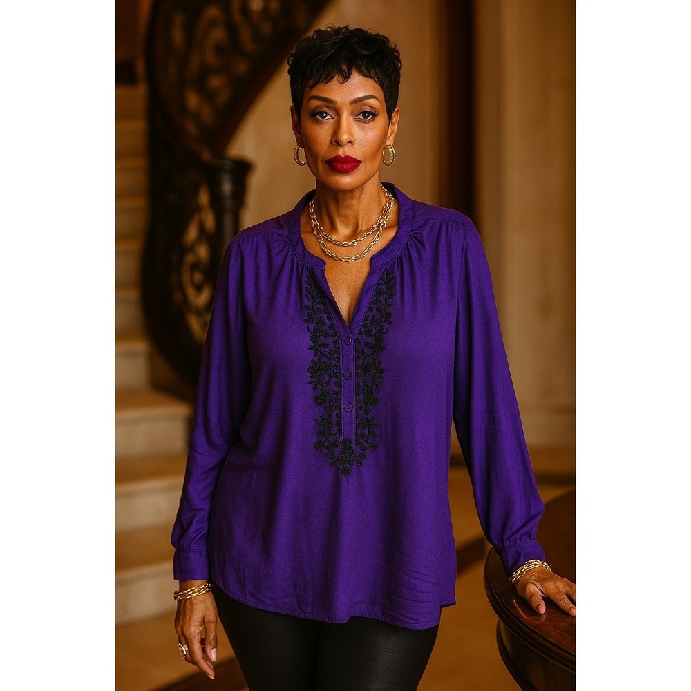 St Johns Bay Womens Long Sleeve Blouse Purple Black Embroidered Large Artsy Work